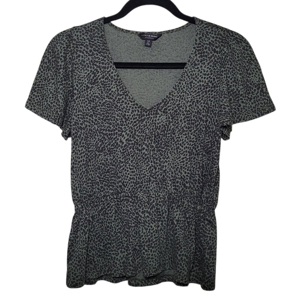 Lucky Brand Green Leopard Peplum Top Flutter Sleeve Small Indie Sleaze